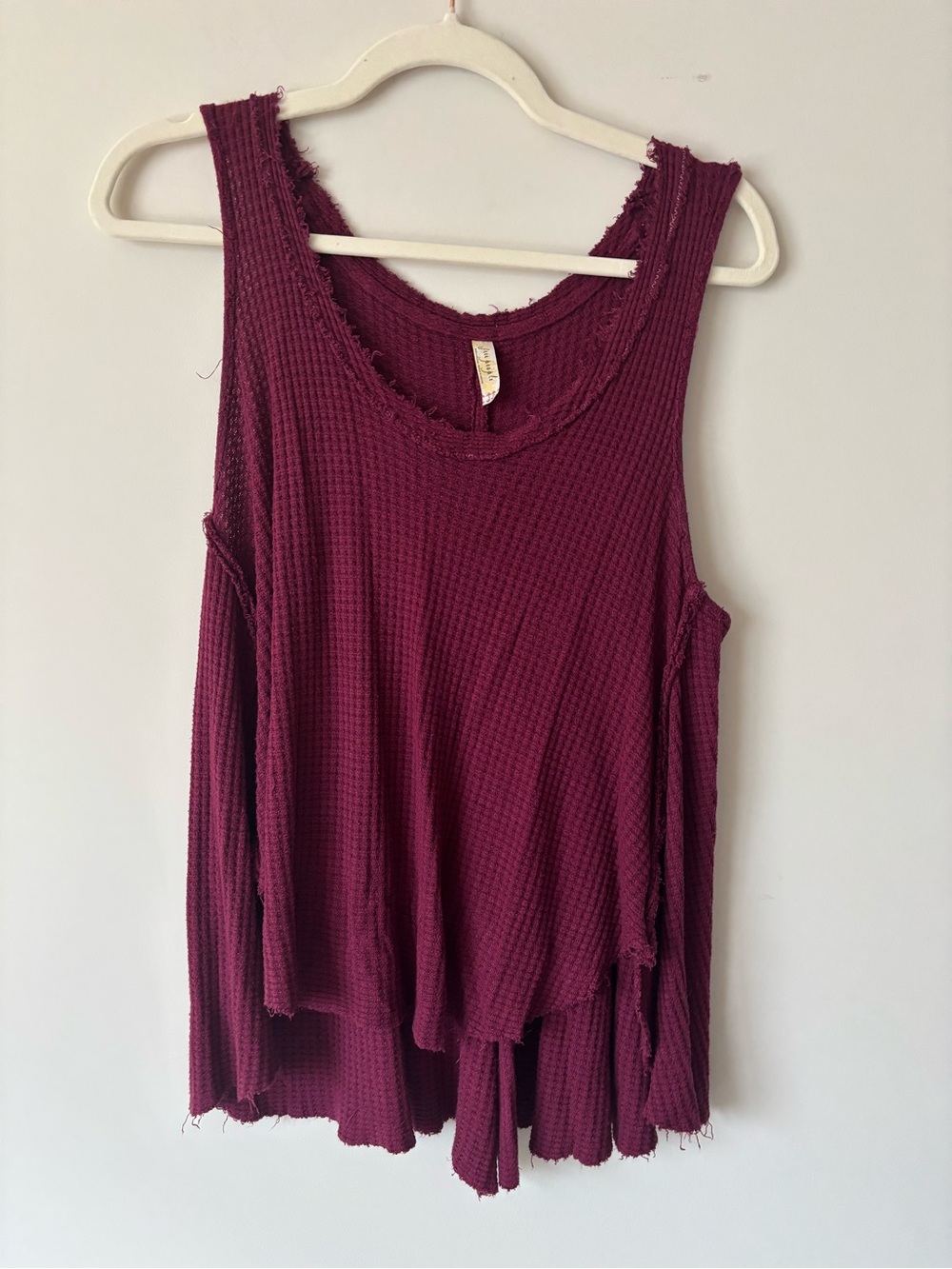 Free People Burgundy Waffle-Knit Raw-Edge Tank